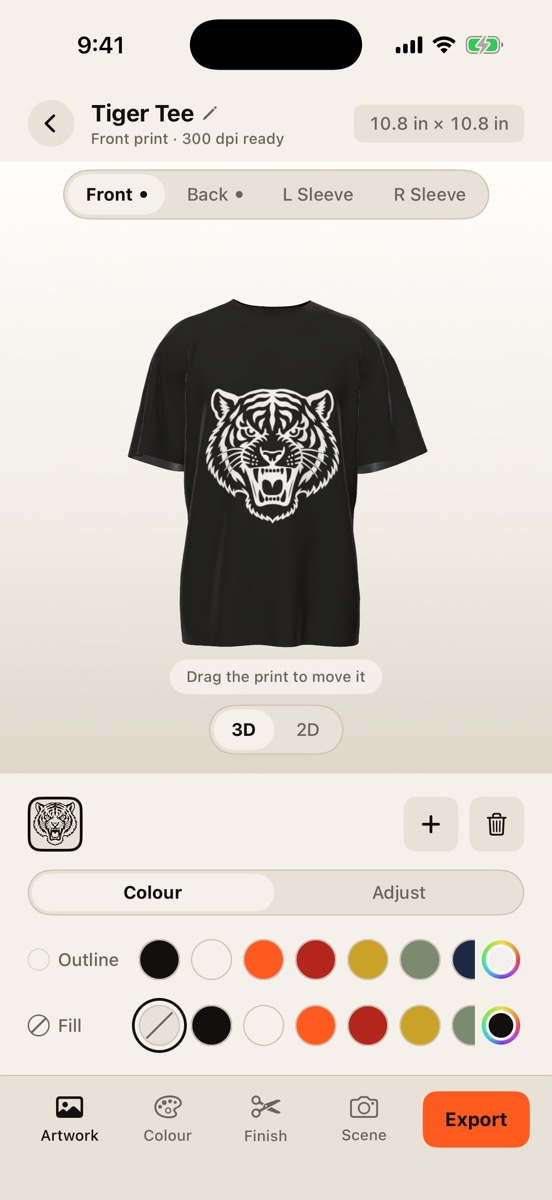 The MerchForm editor with a tiger print on a black tee