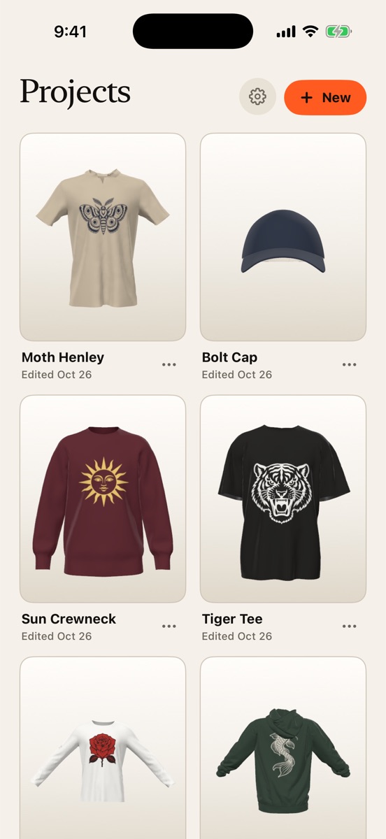 A grid of saved designs