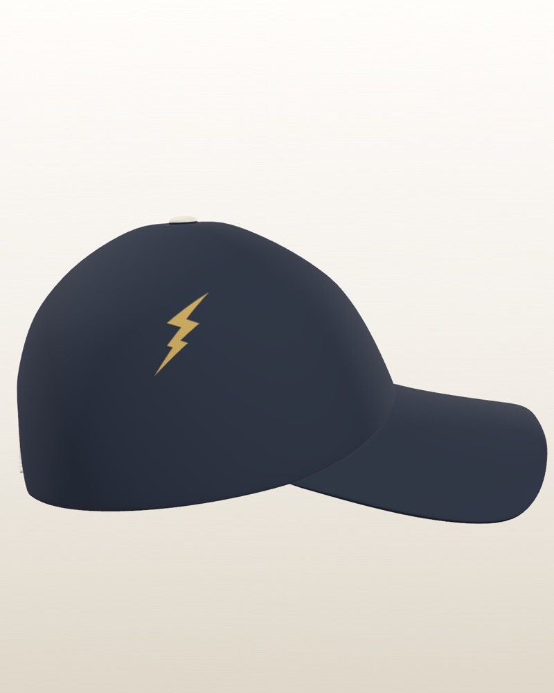 Navy baseball cap with an embroidered bolt on the side
