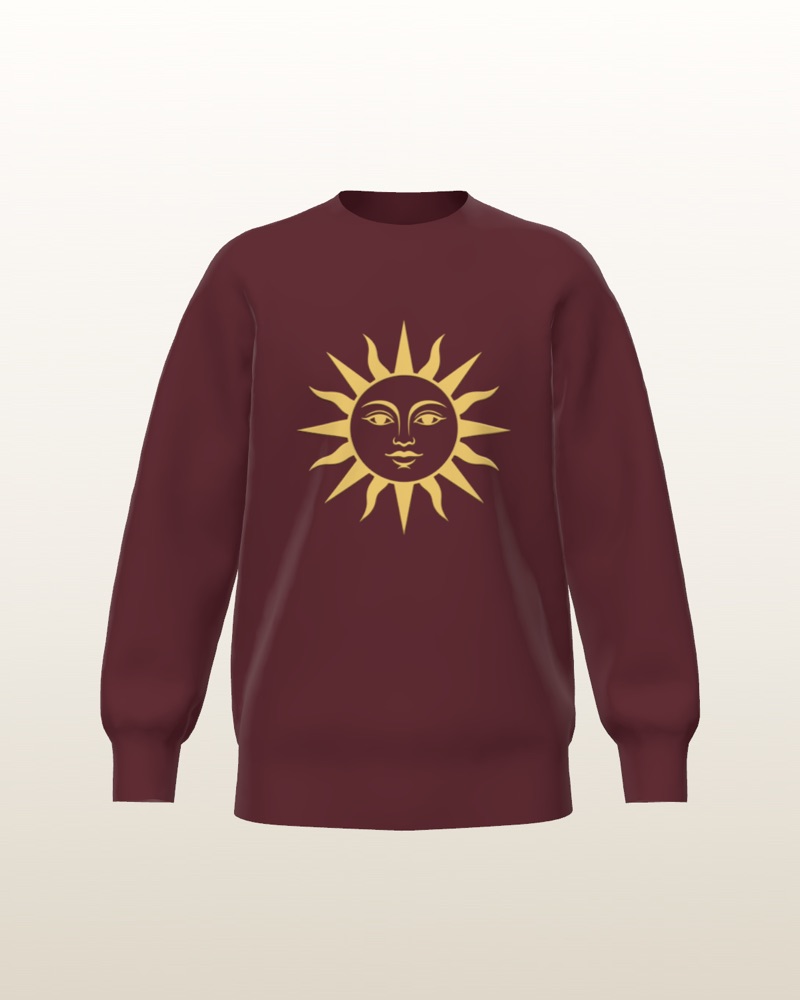 Maroon crewneck with a gold puff print sun