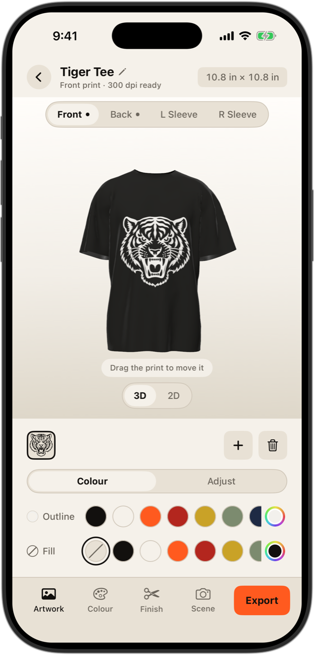 The MerchForm editor with a tiger print on a black tee