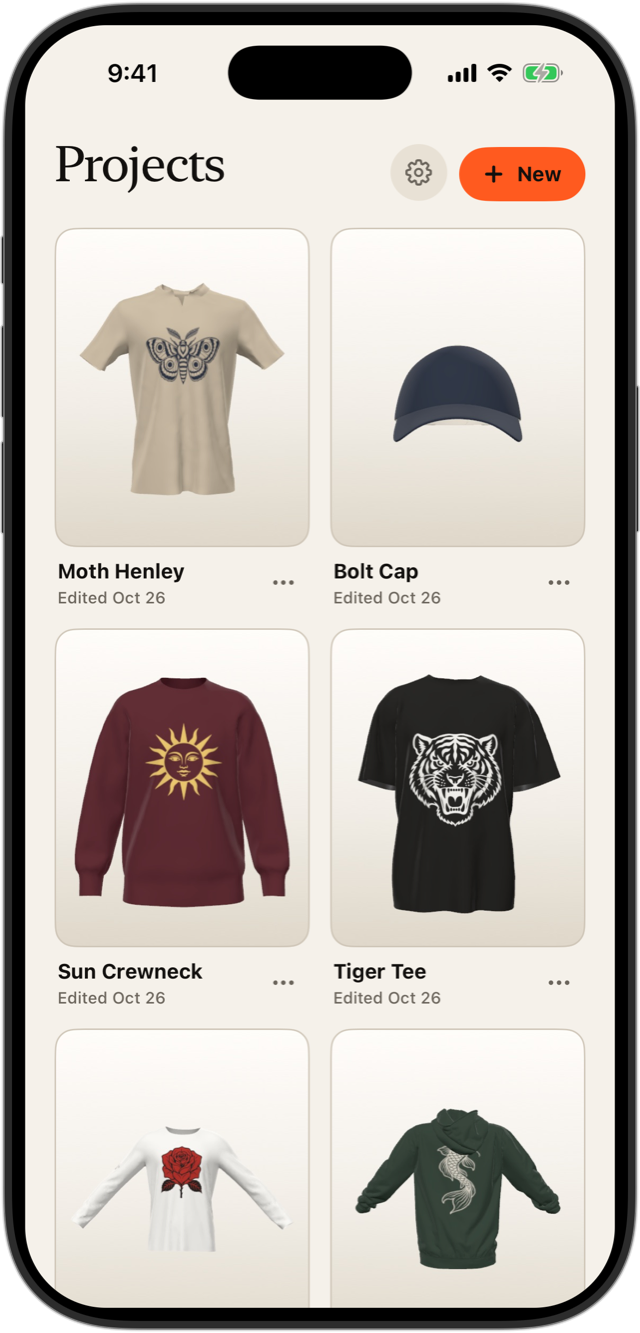 A grid of saved designs