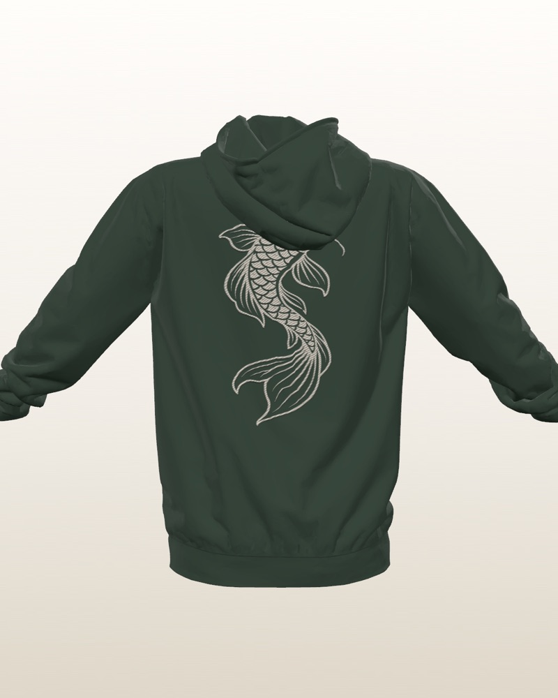 A forest green hoodie with an embroidered koi on the back