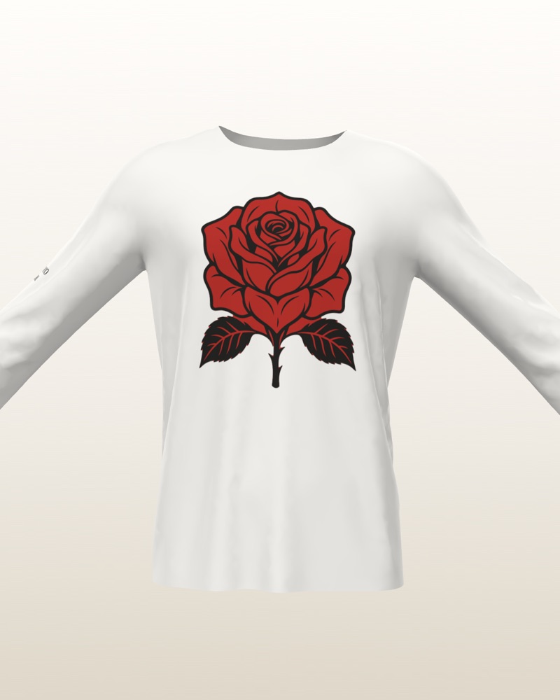 White long sleeve tee with a red rose