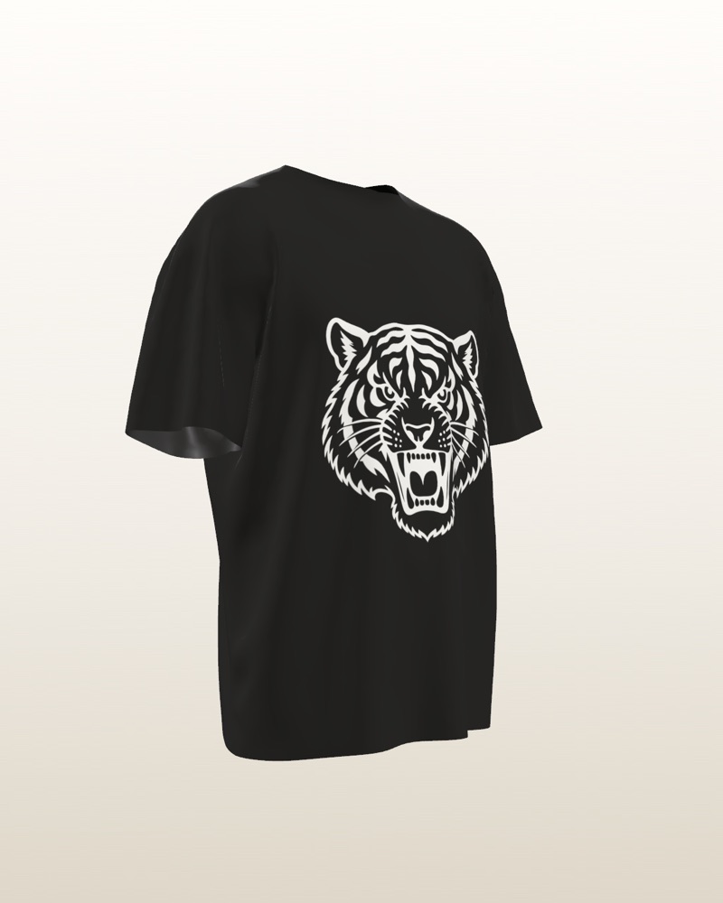 Black oversized tee with a tiger print, at three quarters